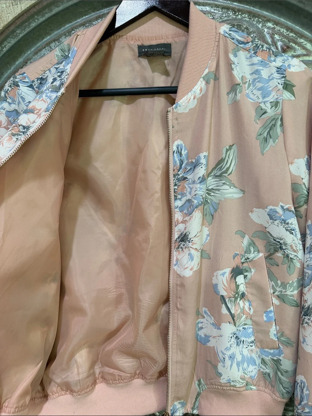Sans Souci Blush Pink W Blue & White Floral Design Cropped Satin Bomber Jacket